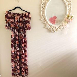 Off The Shoulder Maxi Floral Burgundy Dress